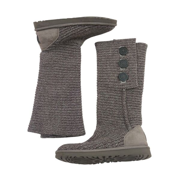 UGG Cardi Ribbed Knit Boots Womens 8 Gray Button Sheepskin Lining Tall Short - Picture 3 of 13